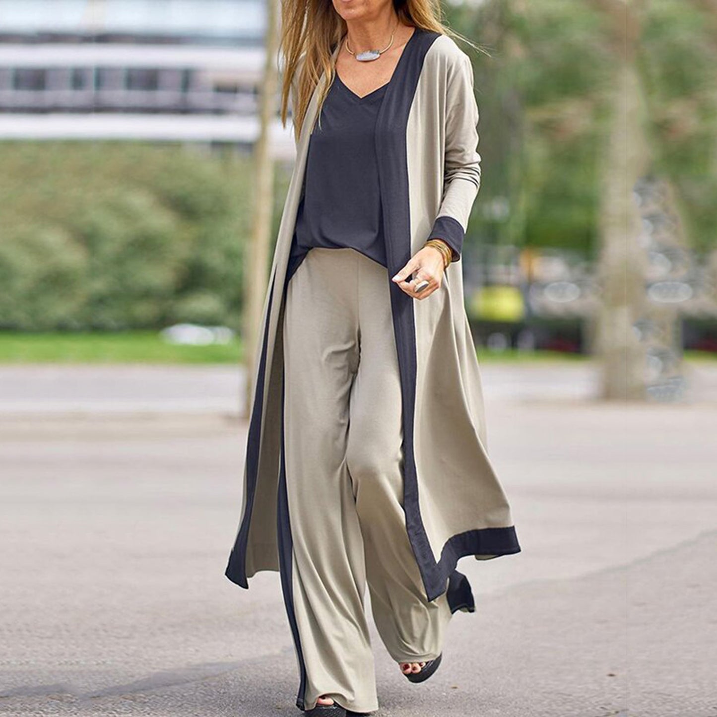 Three-piece Straight Pants Colorblock Cardigan Set
