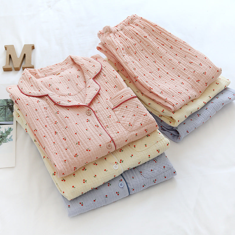 Small Cherry Double-layer Crepe Pajamas Women's Lapel Long Sleeve Trousers Suit