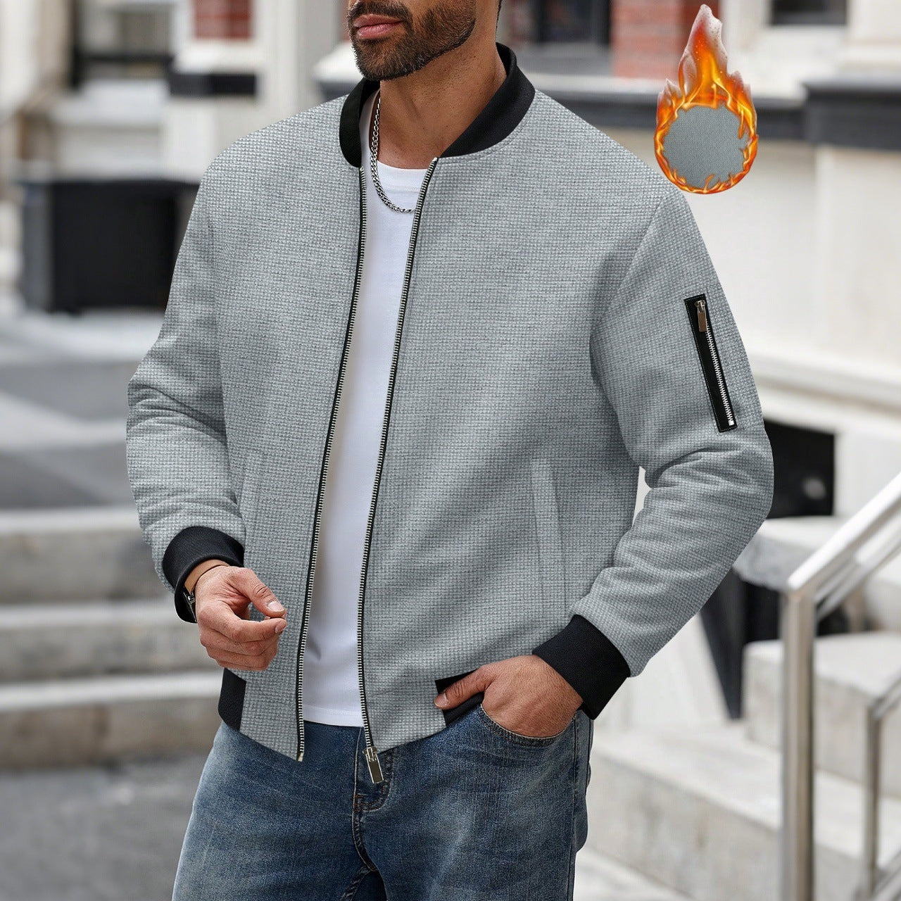 Men's Waffle Solid Color Cardigan Pocket Zipper Thickening Stand Collar Coat