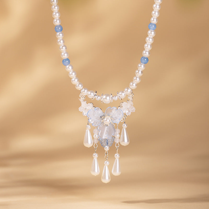 Women's Pearl Tassel Necklace Blue Hanfu Tang Style Flat-fitting Collar Cheongsam