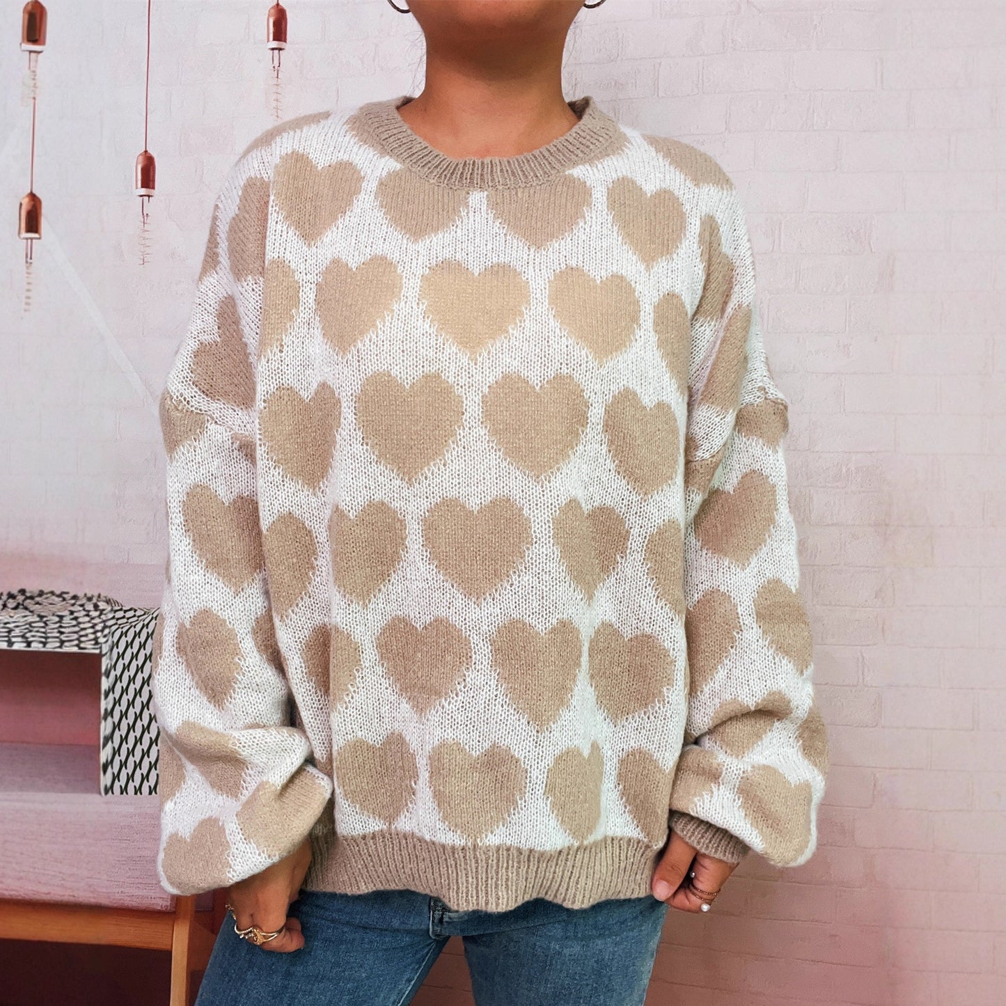 Fashion Color Contrast Knitted Pullover Round Neck Love Loose Sweater