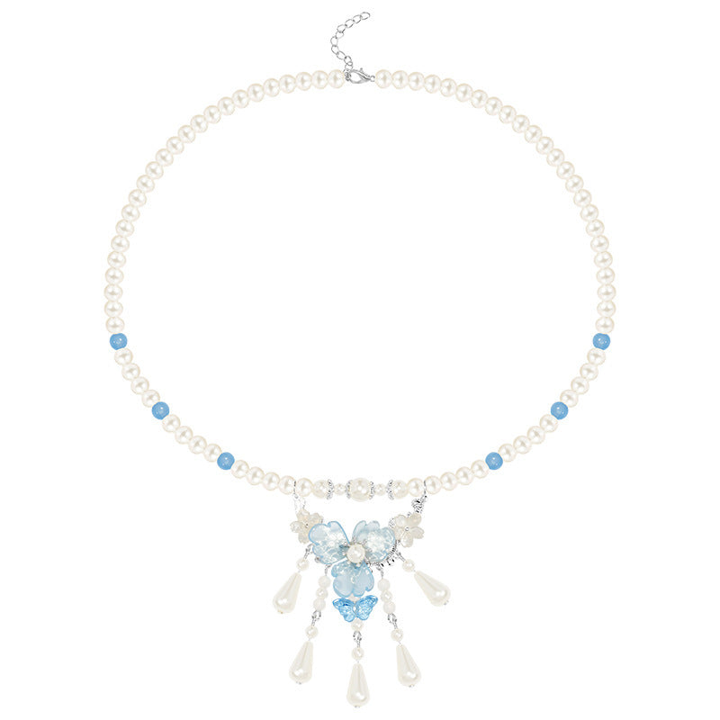 Women's Pearl Tassel Necklace Blue Hanfu Tang Style Flat-fitting Collar Cheongsam