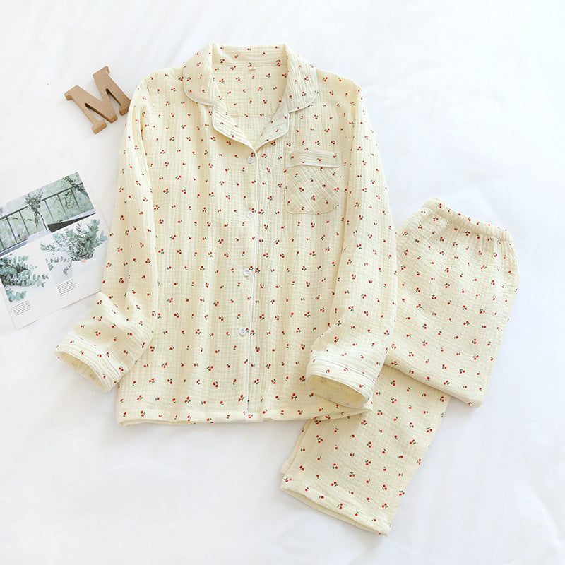 Small Cherry Double-layer Crepe Pajamas Women's Lapel Long Sleeve Trousers Suit
