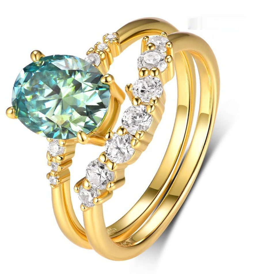 S925 Silver Suit Green Main Stone Moissanite Personality Stacked Ring