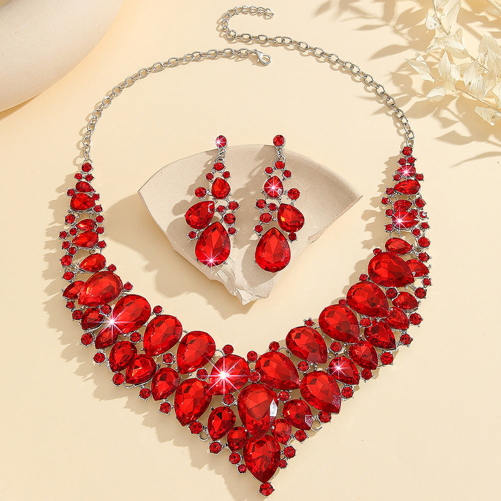 Atmospheric Red Crystal Necklace And Earrings Suite