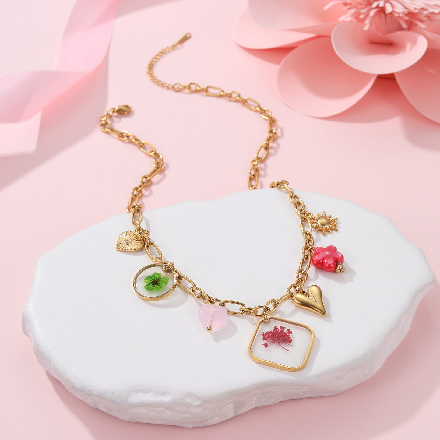 European And American Fashion Epoxy Flower Pendant Stainless Steel Necklace