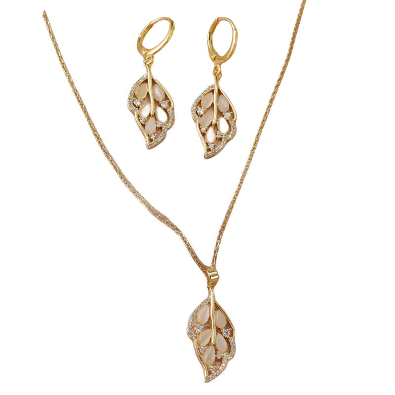 Opal Leaves Necklace Earrings For Women