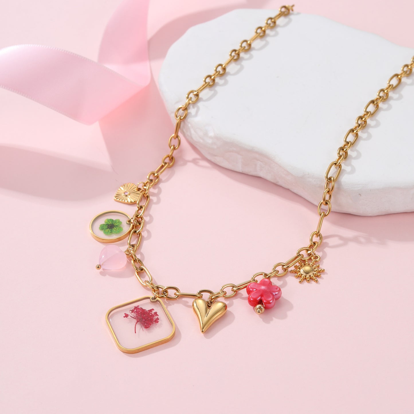 European And American Fashion Epoxy Flower Pendant Stainless Steel Necklace