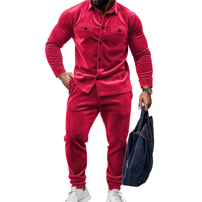 Men's Suede Solid Color Single-breasted Tooling Cardigan Two-piece Set