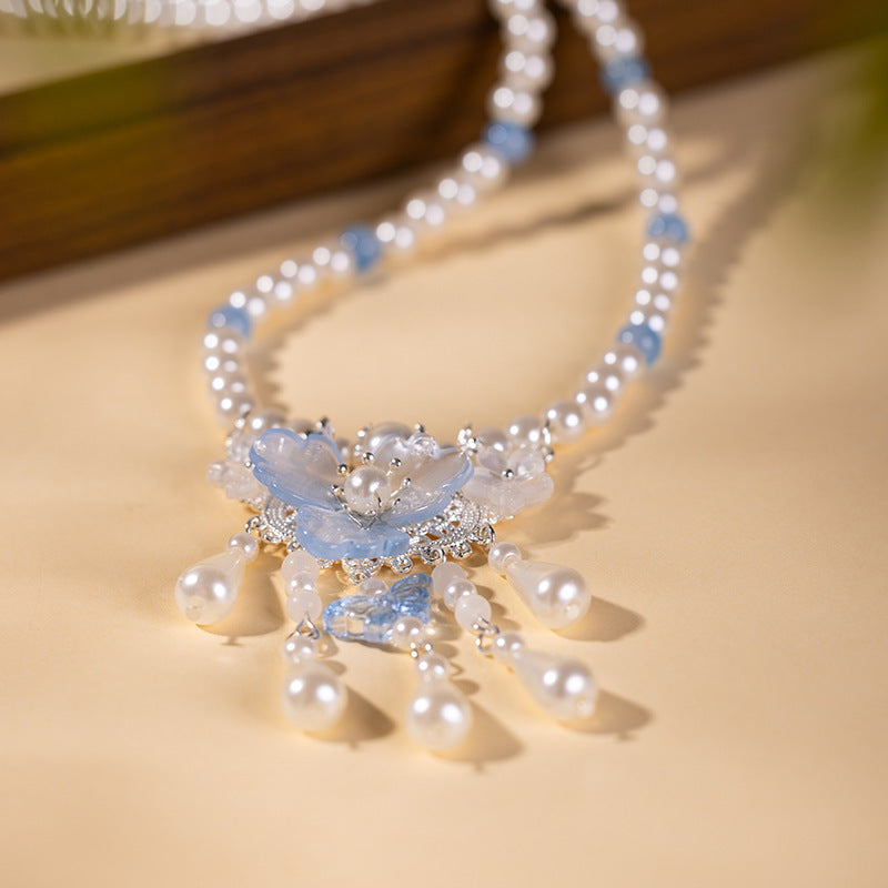 Women's Pearl Tassel Necklace Blue Hanfu Tang Style Flat-fitting Collar Cheongsam