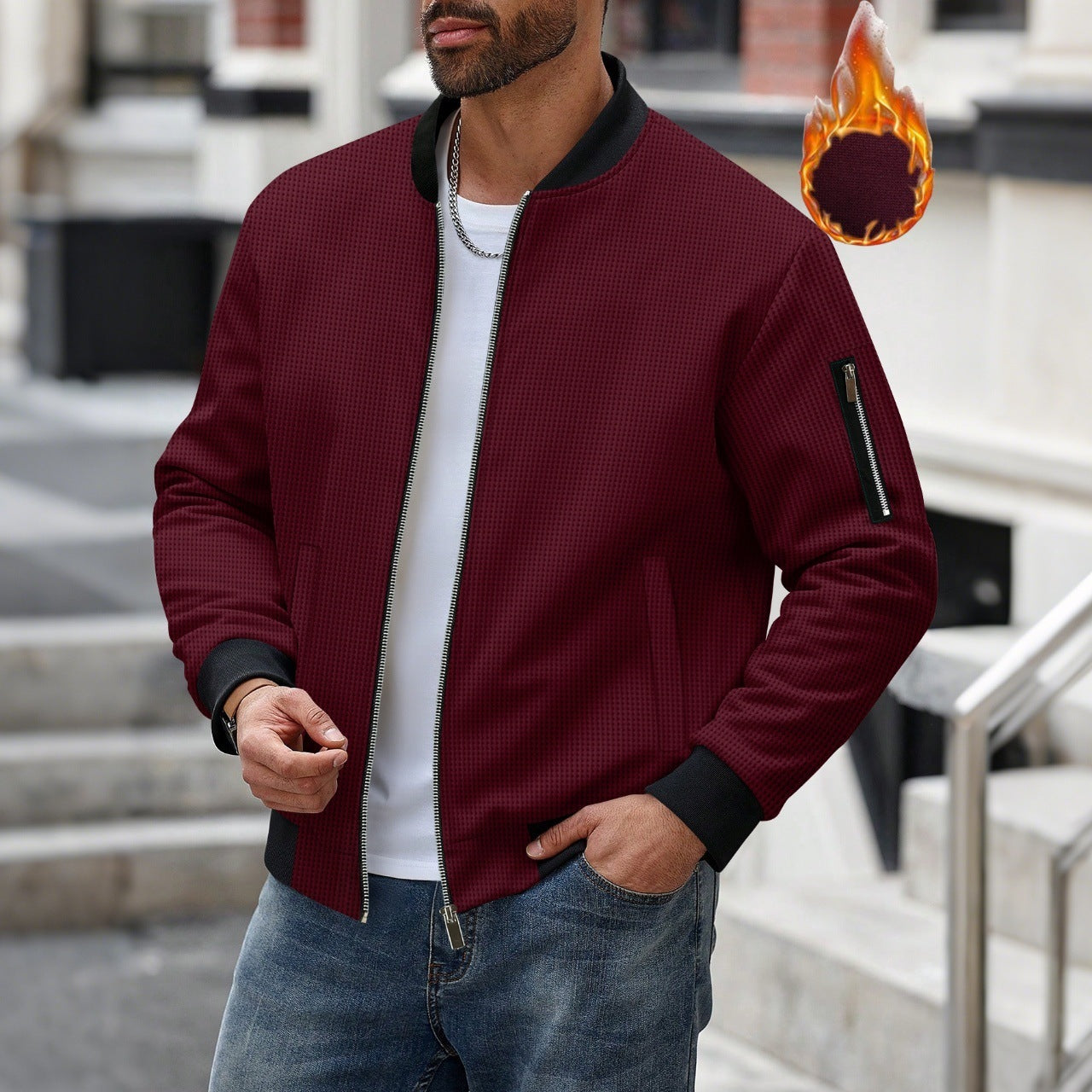 Men's Waffle Solid Color Cardigan Pocket Zipper Thickening Stand Collar Coat