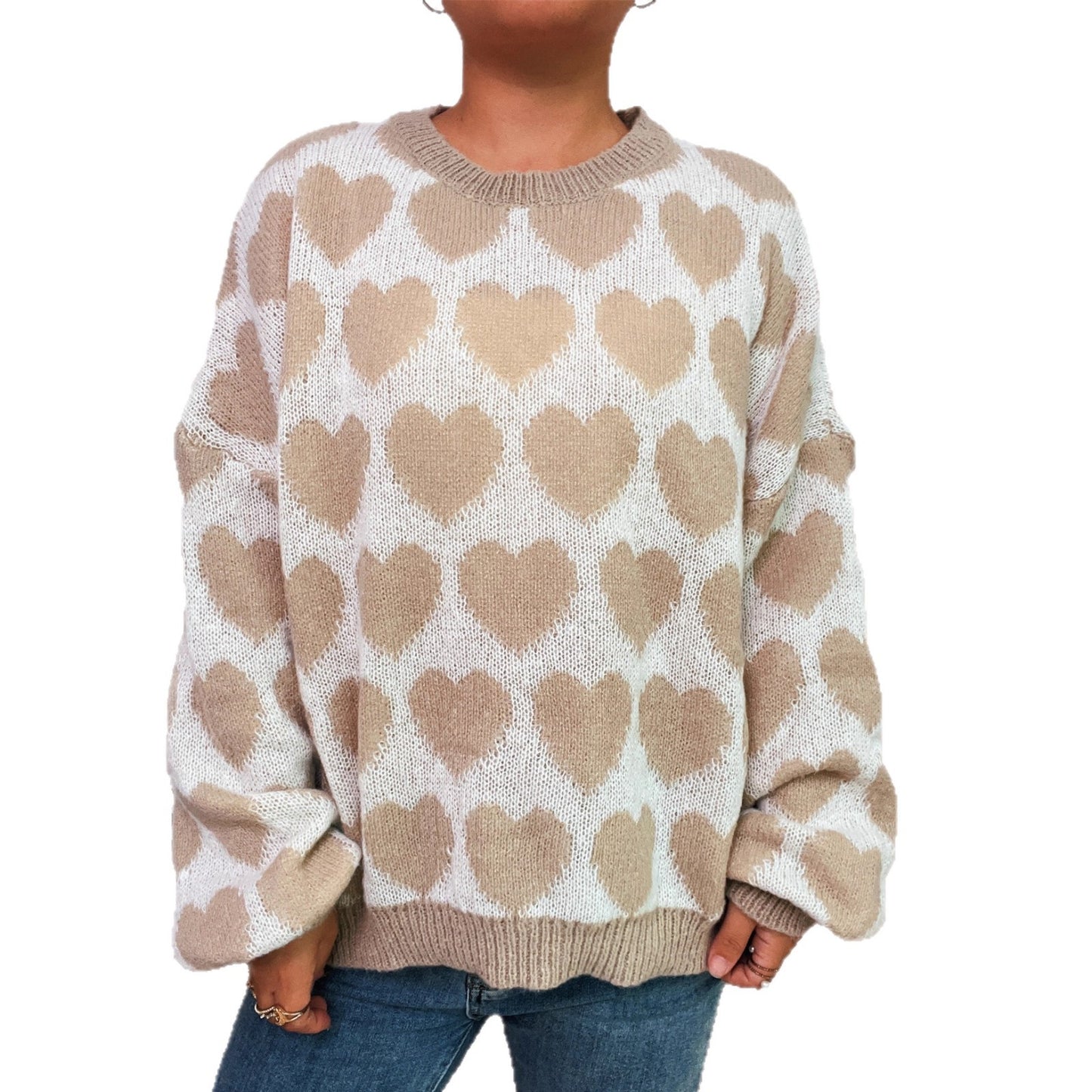 Fashion Color Contrast Knitted Pullover Round Neck Love Loose Sweater