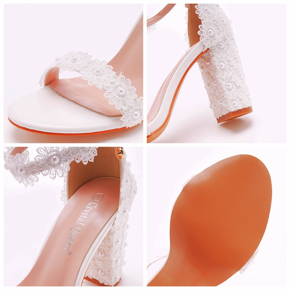 Shallow Mouth With Beads Square Heel Sandals