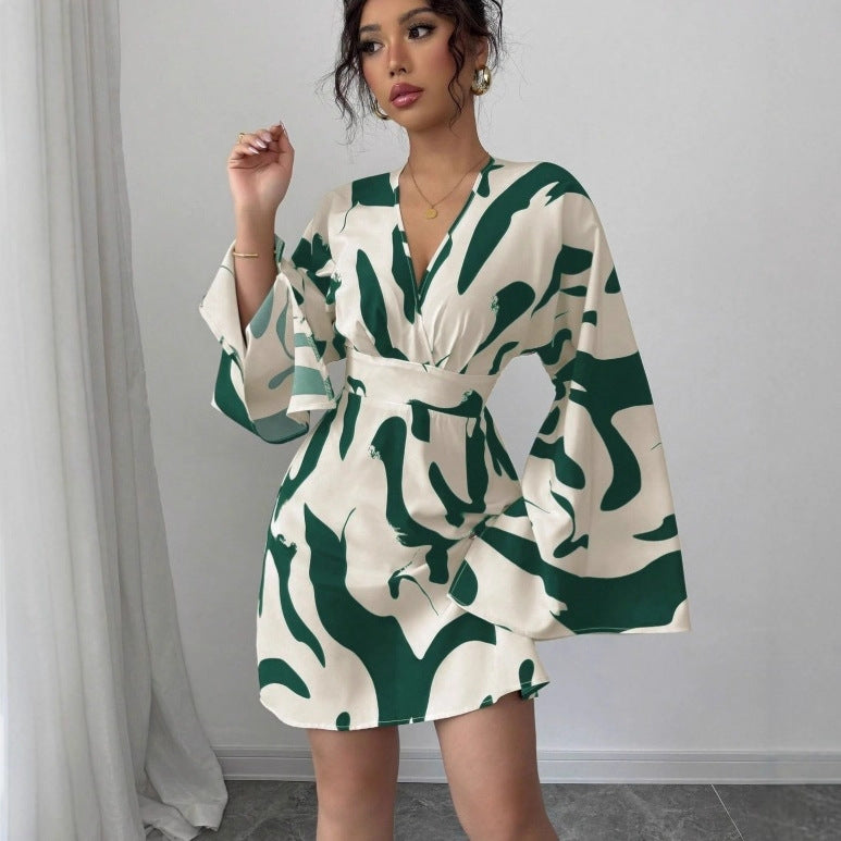 New V-neck Abstract Printing Bell Sleeve Waist Dress