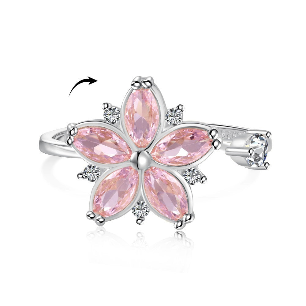 S925 Sterling Silver Flowers Diamond Decompression Rotatable Fashion Ring