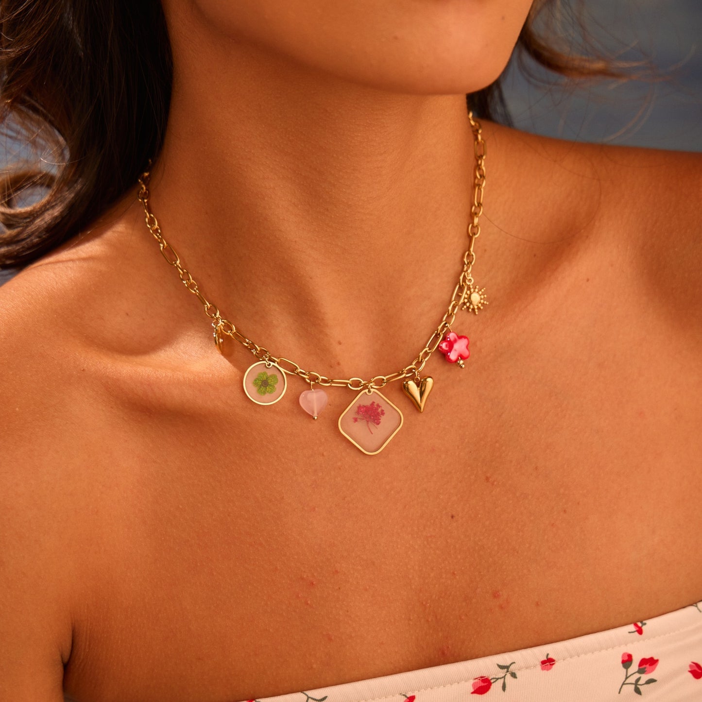 European And American Fashion Epoxy Flower Pendant Stainless Steel Necklace