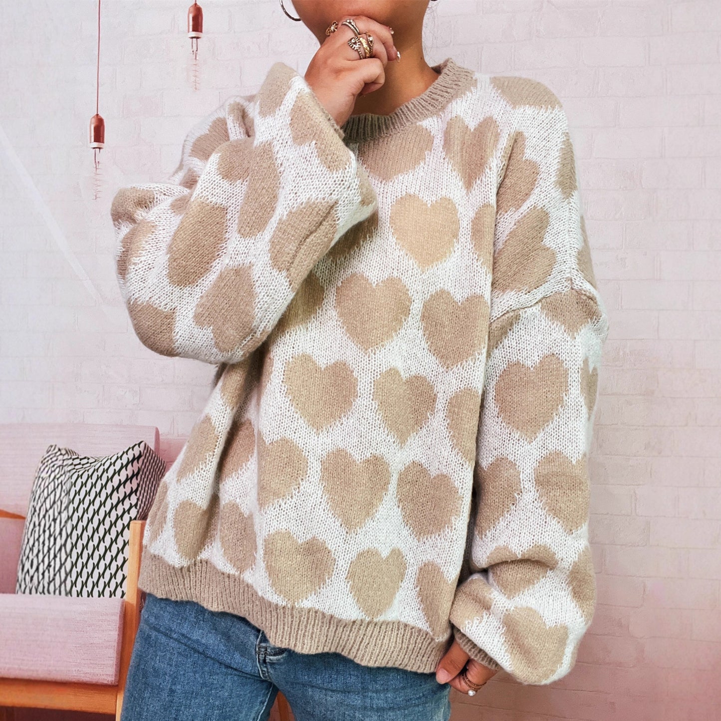 Fashion Color Contrast Knitted Pullover Round Neck Love Loose Sweater