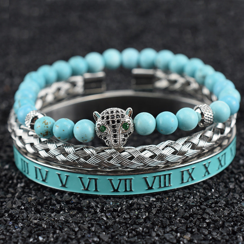 Natural Green Pine Leopard Head Roman Twist Weave Men's Bracelet