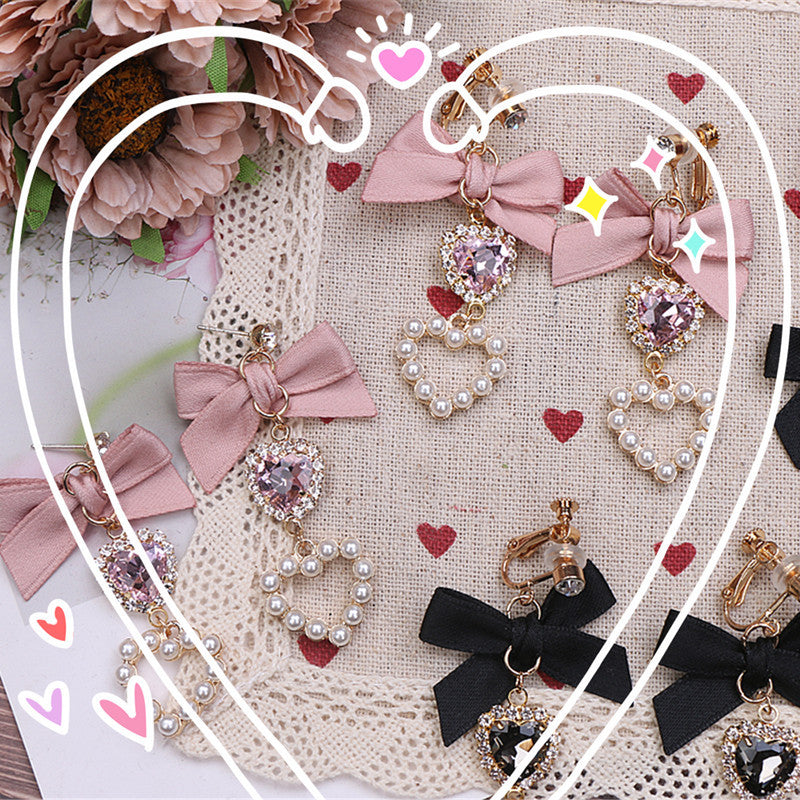 Japanese Style Sweet And Cute Bow For Cute Girl Rhinestone Earrings