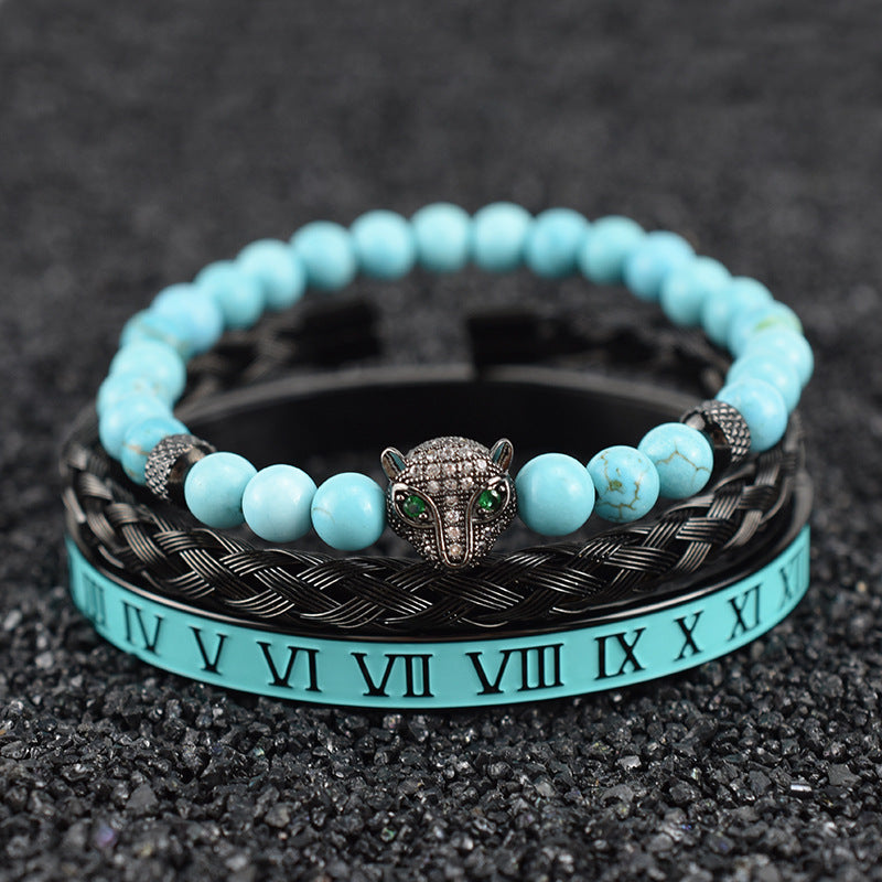 Natural Green Pine Leopard Head Roman Twist Weave Men's Bracelet