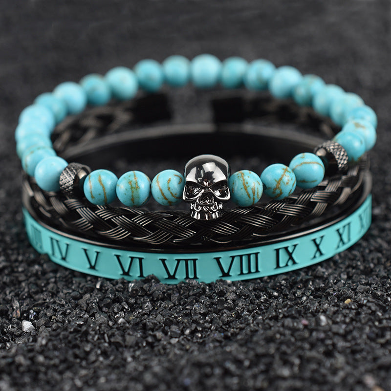 Natural Green Pine Leopard Head Roman Twist Weave Men's Bracelet