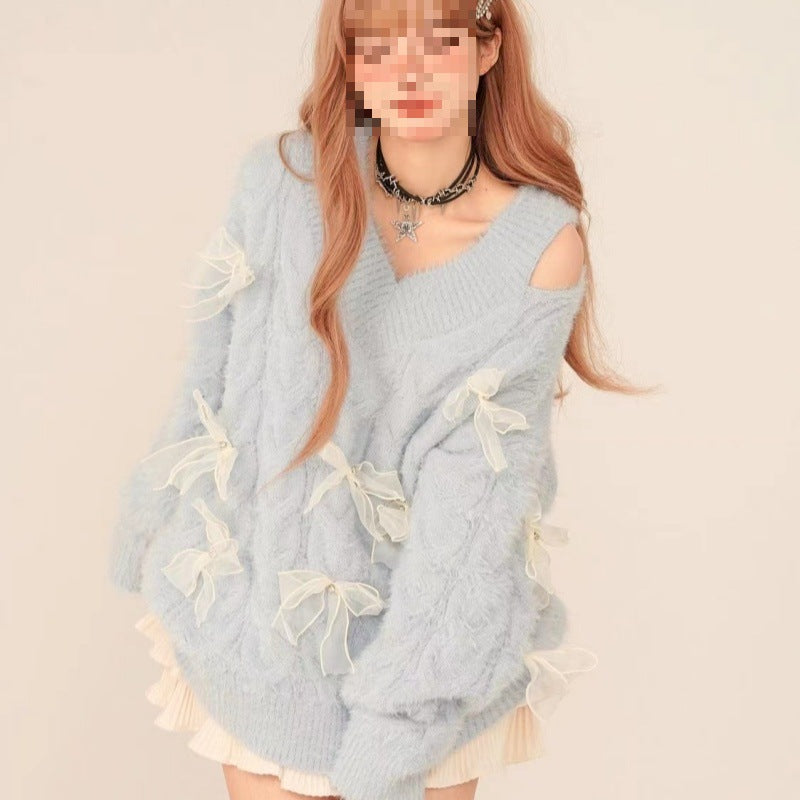 Fleece-lined Lazy Bow Jacket Long-sleeved Sweater