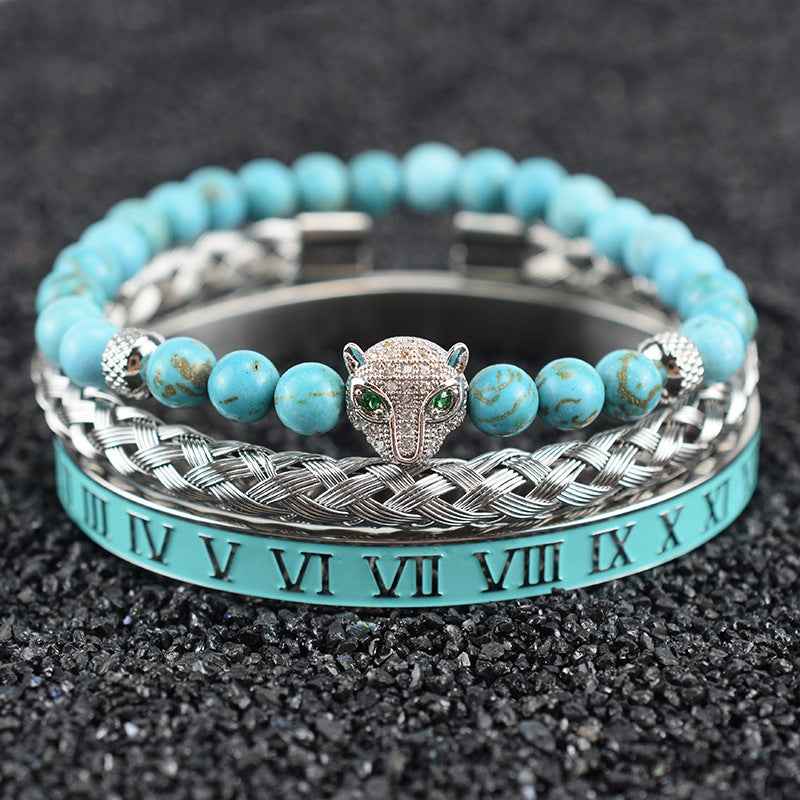 Natural Green Pine Leopard Head Roman Twist Weave Men's Bracelet
