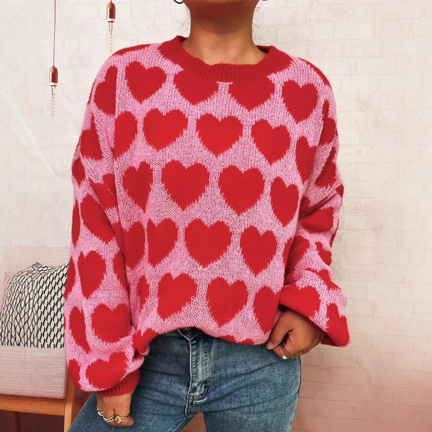 Fashion Color Contrast Knitted Pullover Round Neck Love Loose Sweater