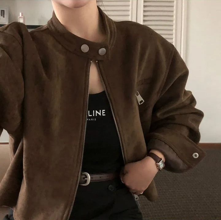 Retro Graceful Stand Collar Zipper Pocket Loose Versatile Short Jacket