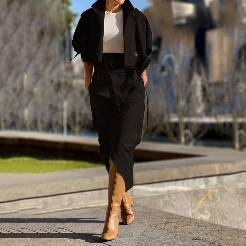 Women's Two-piece Casual Trousers With Solid Color Buckle Design