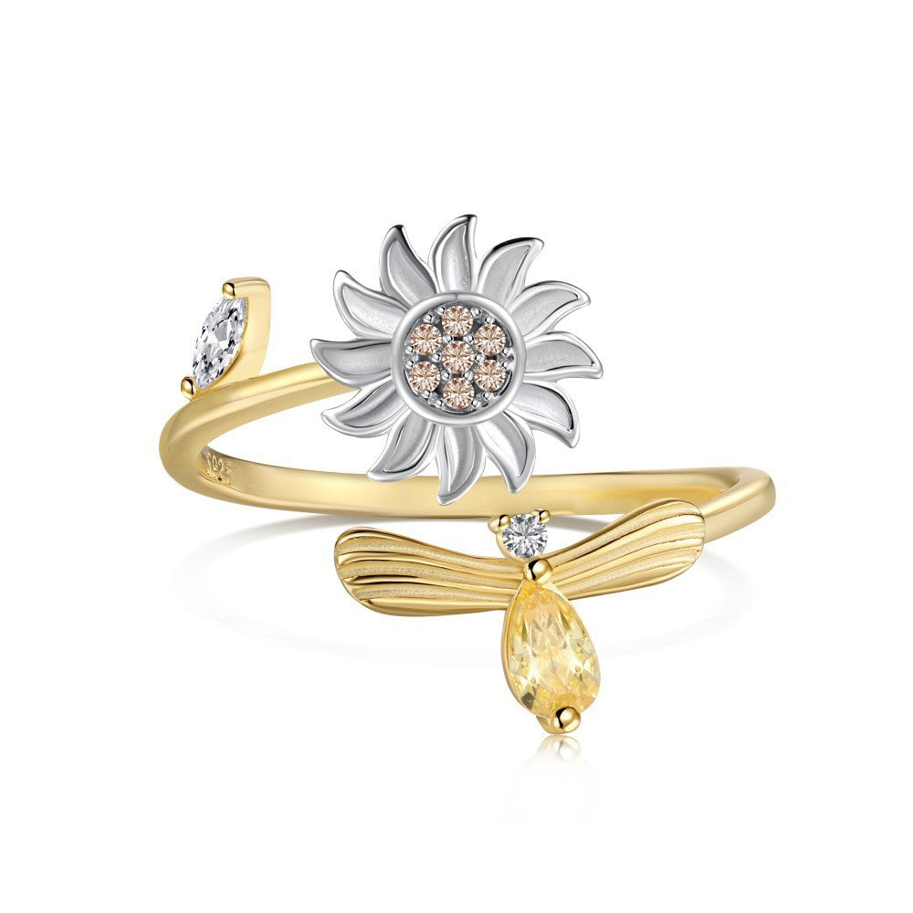 S925 Sterling Silver Flowers Diamond Decompression Rotatable Fashion Ring