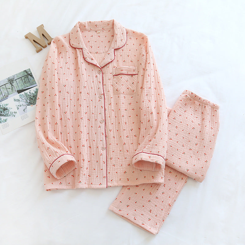 Small Cherry Double-layer Crepe Pajamas Women's Lapel Long Sleeve Trousers Suit