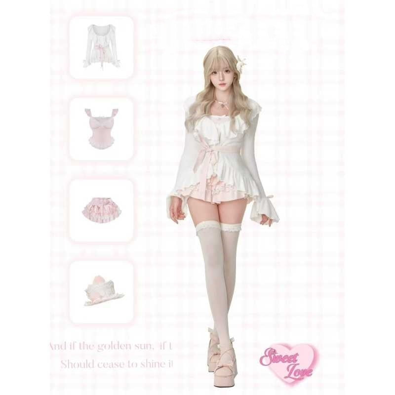 Coat Bow Suspenders Top Lace Skirt Three-piece Set