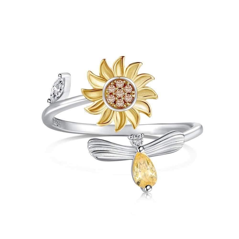 S925 Sterling Silver Flowers Diamond Decompression Rotatable Fashion Ring
