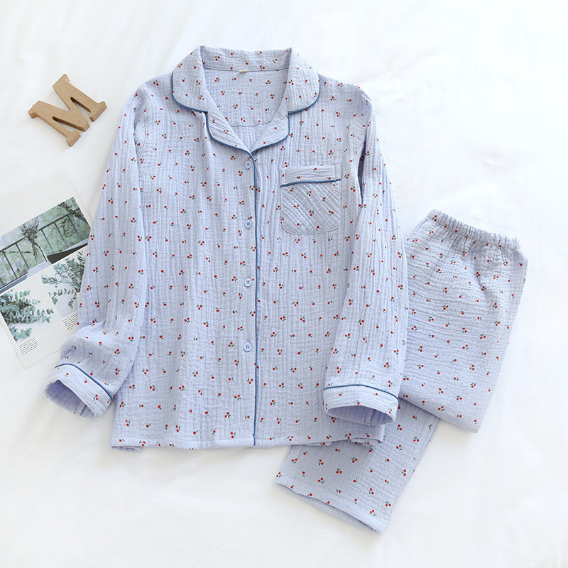 Small Cherry Double-layer Crepe Pajamas Women's Lapel Long Sleeve Trousers Suit