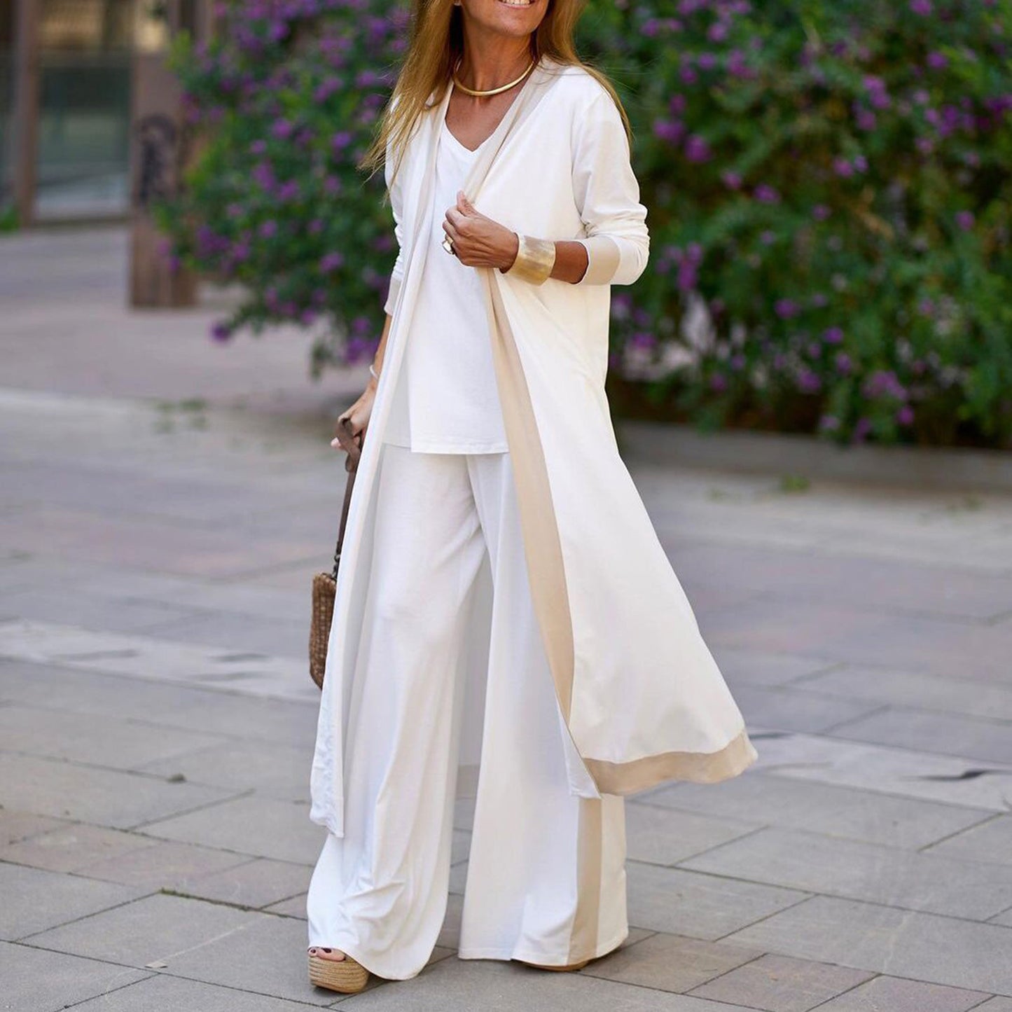 Three-piece Straight Pants Colorblock Cardigan Set