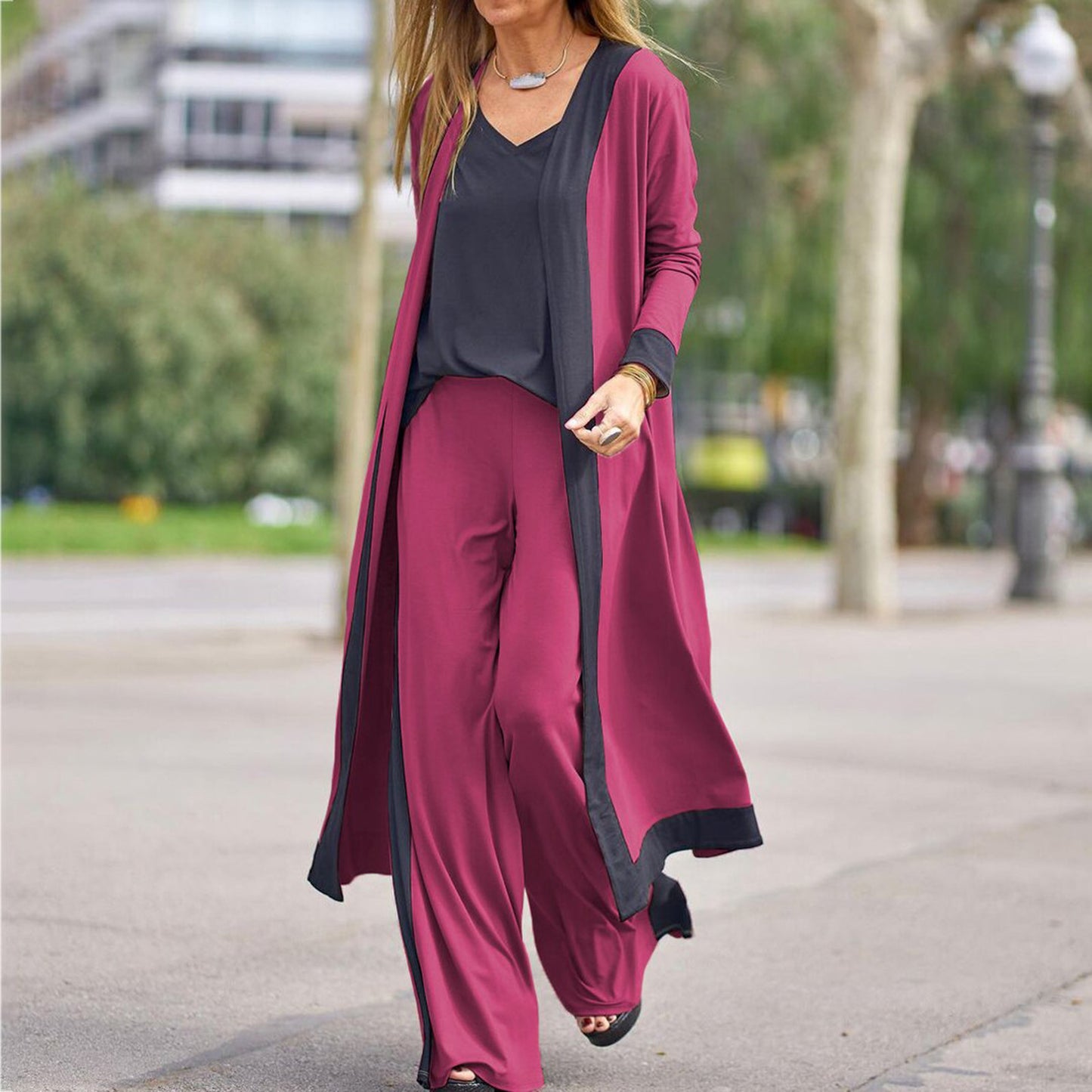 Three-piece Straight Pants Colorblock Cardigan Set