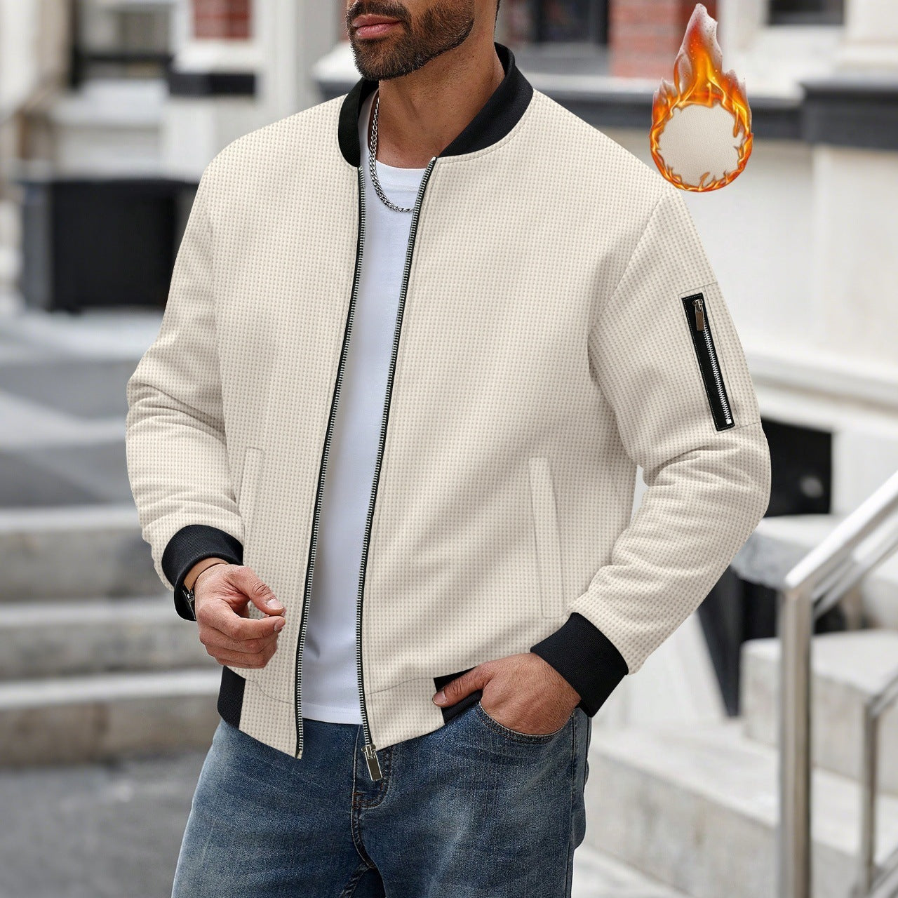 Men's Waffle Solid Color Cardigan Pocket Zipper Thickening Stand Collar Coat