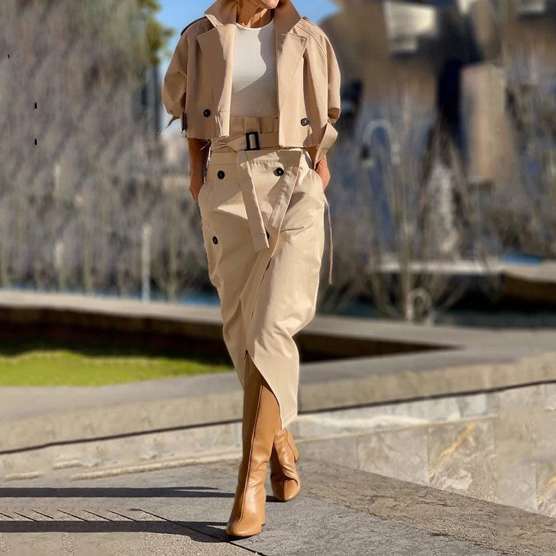 Women's Two-piece Casual Trousers With Solid Color Buckle Design