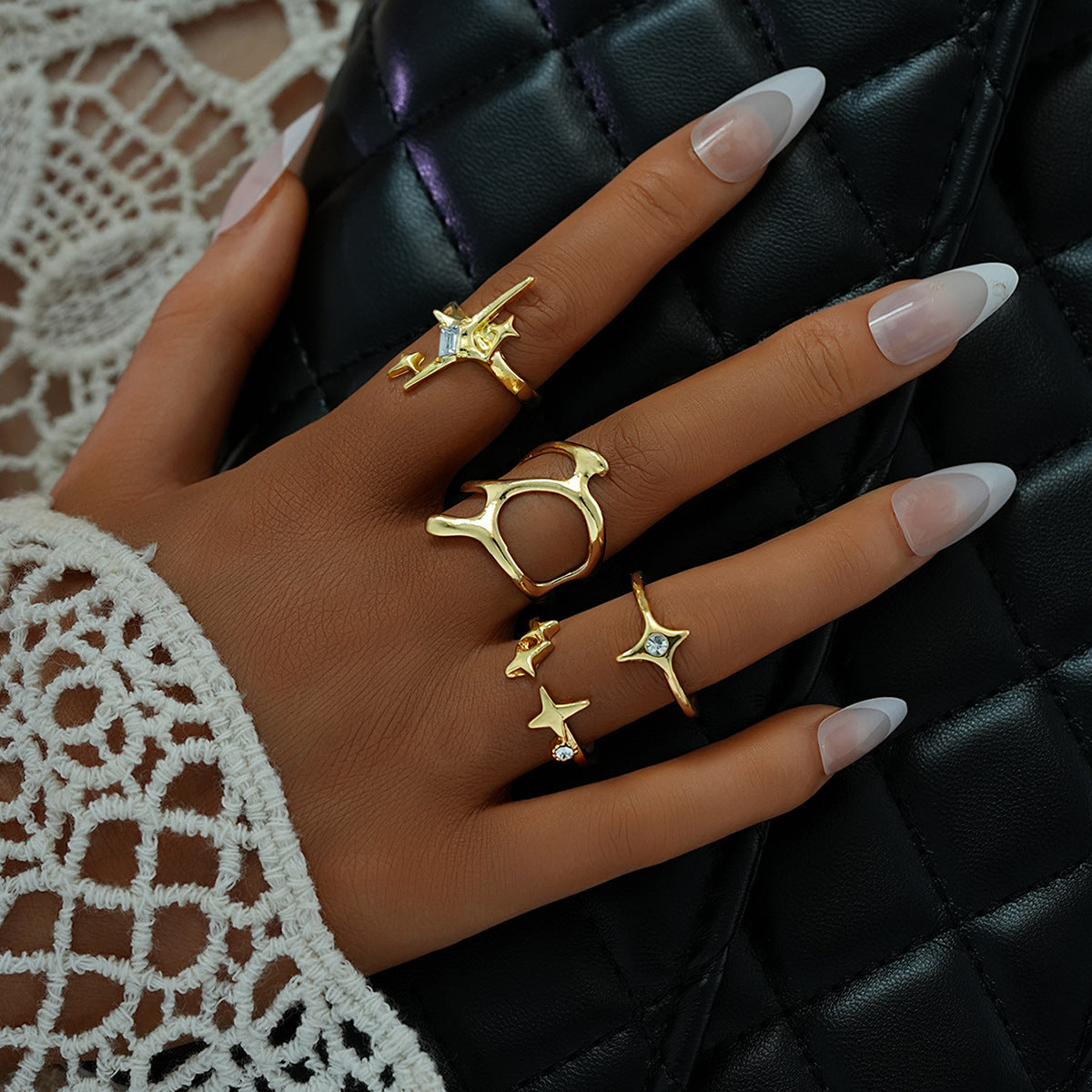 Geometric Metal Lava Line Four-piece Ring Set