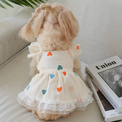 1pc Summer Pet Dress with Cute Heart Graphic and Lace Trim for Dogs and Cats - Keep Your Furry Friend Cool and Stylish