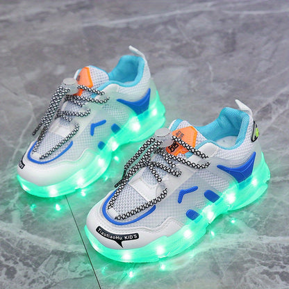 GUANGLAN Kids Light-Up Sneakers - Breathable Mesh Sneakers with LED Lights, Orange & White, Lace-Up Closure, Lightweight & Durable for Boys & Girls, Spring/Summer Casual Shoes, Shoes for Girls, Vibrant Youngsters Footwear, St