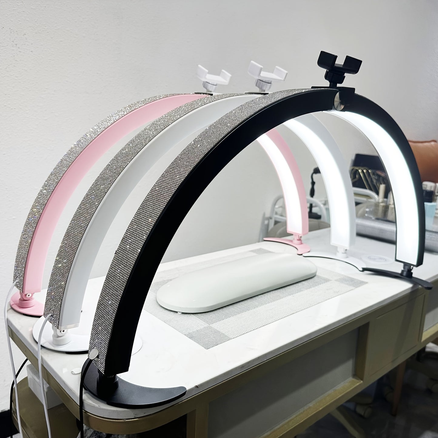 29 "Half-moon Nail Tech Light With Phone Seat, 40W Foldable, Nail Lamp With Wire Controller And Remote, 7 Color Modes, 10 Brightness For Beauty/eyelash Tattoo/crafts,, Black/white/pink