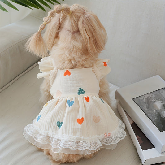 1pc Summer Pet Dress with Cute Heart Graphic and Lace Trim for Dogs and Cats - Keep Your Furry Friend Cool and Stylish