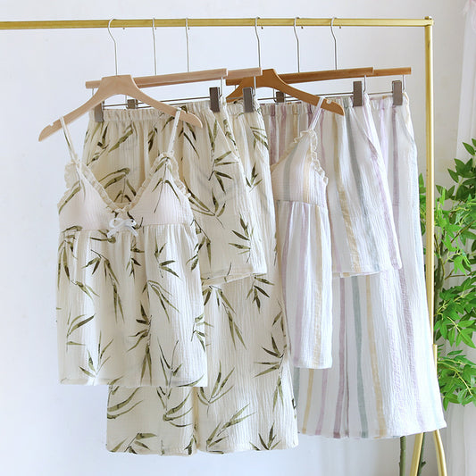 Women's Three-piece Pajamas With Summer Pure Cotton Suspenders
