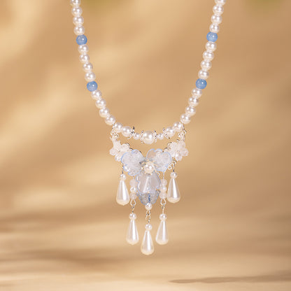 Women's Pearl Tassel Necklace Blue Hanfu Tang Style Flat-fitting Collar Cheongsam
