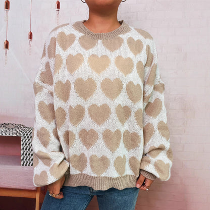 Fashion Color Contrast Knitted Pullover Round Neck Love Loose Sweater
