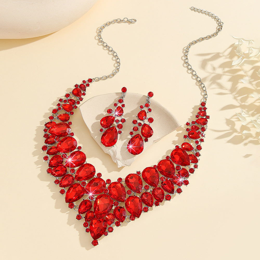 Atmospheric Red Crystal Necklace And Earrings Suite