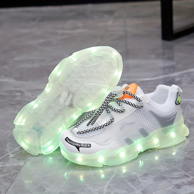 GUANGLAN Kids Light-Up Sneakers - Breathable Mesh Sneakers with LED Lights, Orange & White, Lace-Up Closure, Lightweight & Durable for Boys & Girls, Spring/Summer Casual Shoes, Shoes for Girls, Vibrant Youngsters Footwear, St