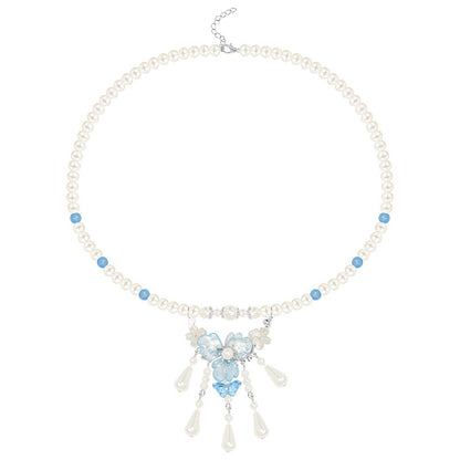 Women's Pearl Tassel Necklace Blue Hanfu Tang Style Flat-fitting Collar Cheongsam